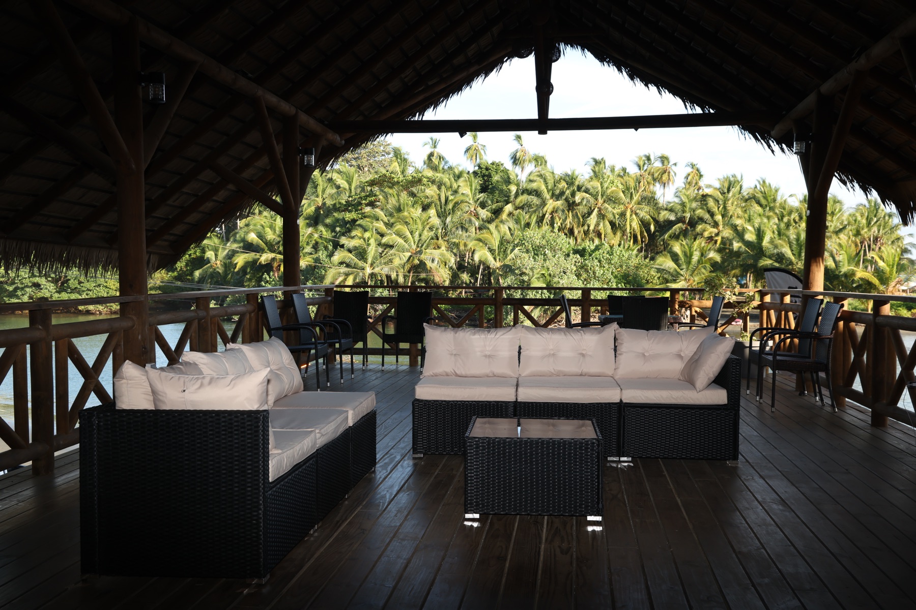 Open-air lounge prepared for a group gathering